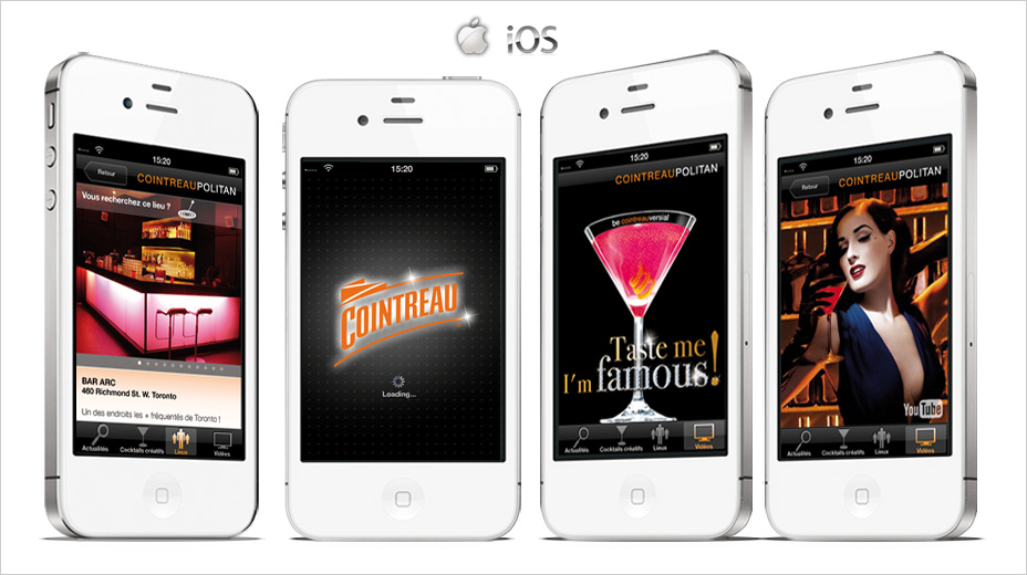 Mission : ergonomie, interactive design. Application iPhone élaboration de cocktails et bars distributeurs de la marque